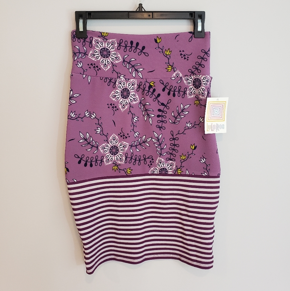 Lula Roe Purple Flower Stripe Pencil Skirt